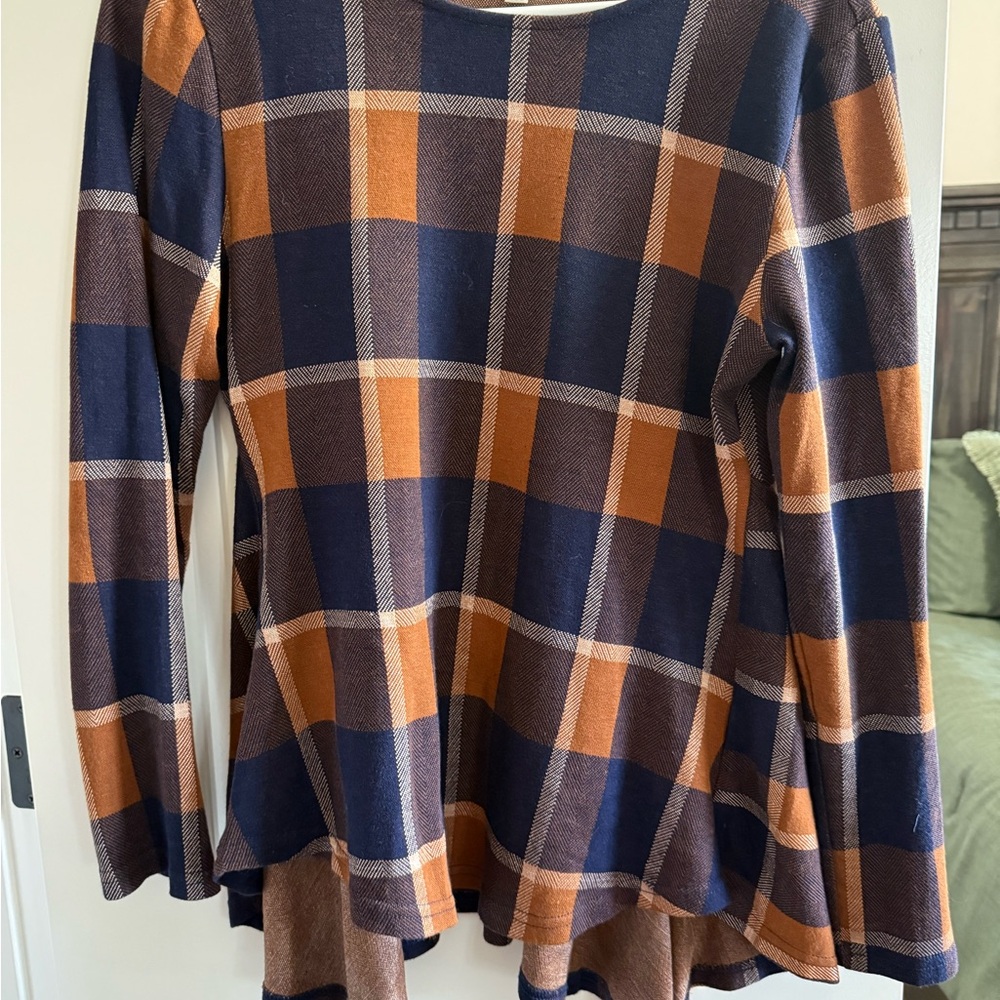 Umgee Plaid Long Sleeve Top in Blue and Orange